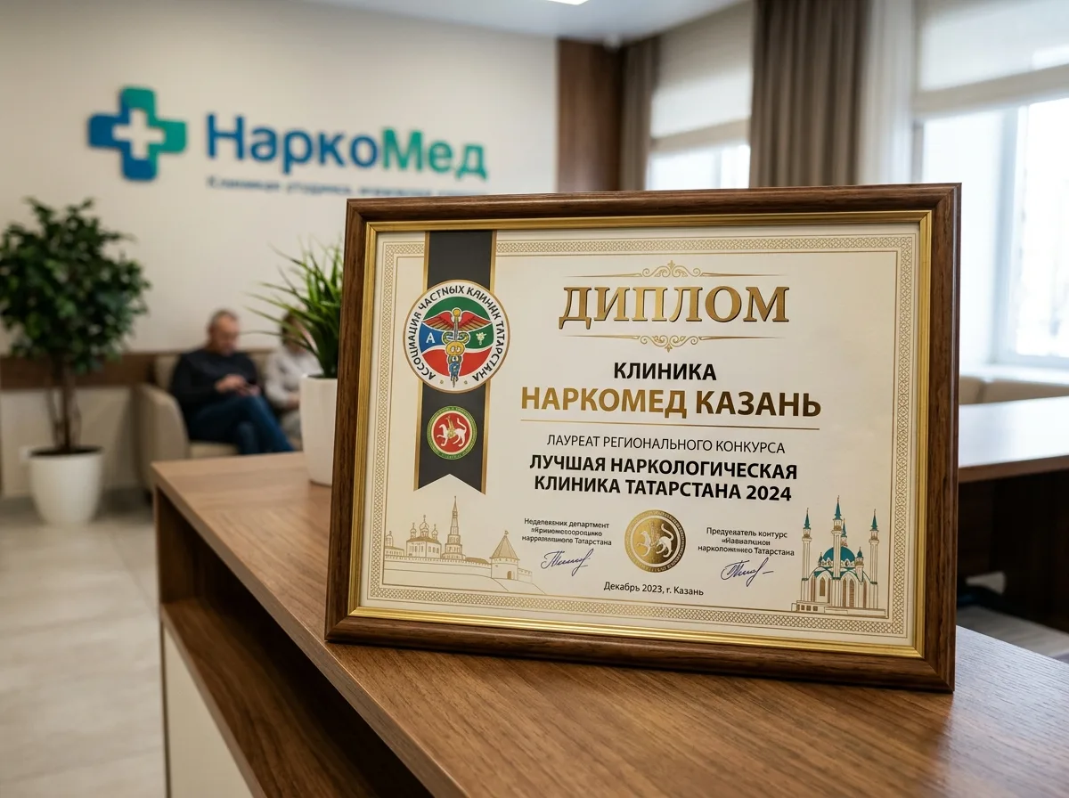 Диплом клиники НаркоМед Казань — лауреат регионального конкурса Лучшая наркологическая клиника Татарстана 2024, красивое оформление с логотипом организатора