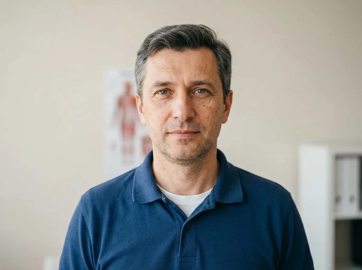 Аватар пациента Алексея О., мужчина средних лет, нейтральный светлый фон, спокойный взгляд